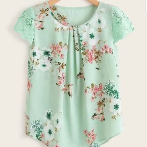 Shein Mint Floral Pleated Blouse